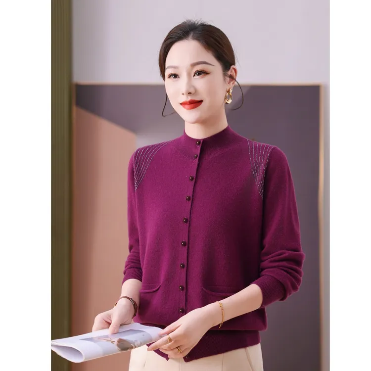 100%绵羊毛中老年妈妈装秋冬半高领口袋针织衫亮砖羊毛衫上衣女
