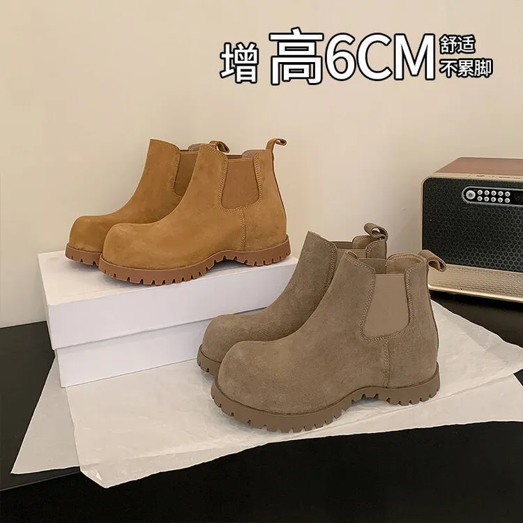 牛皮版厚底内增高圆头马丁靴女春秋复古磨砂皮百搭显瘦切尔西短靴