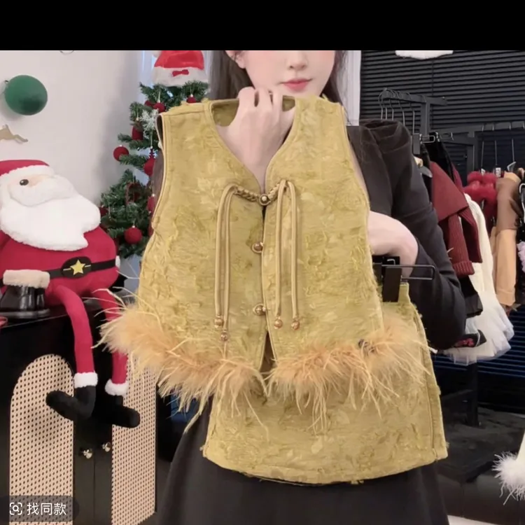 女童新中式国风洋气马甲套装加绒背心半身裙新年拜年服