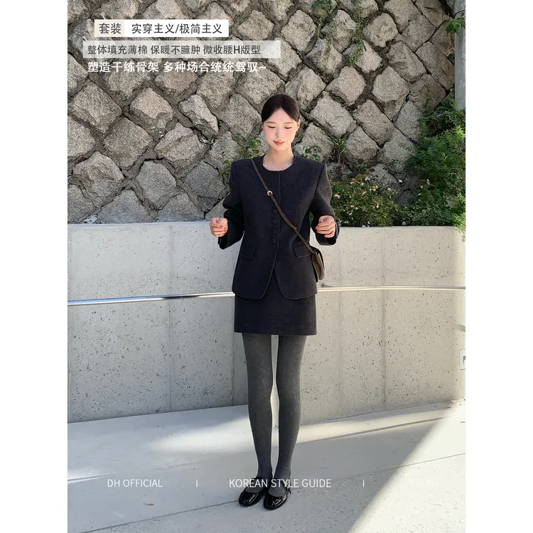 DH OFFICIAL大花【美院艺术生 suit】韩系气质夹棉外套显瘦短裙套装