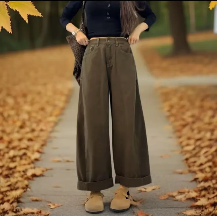 阔腿牛仔裤女2025秋季新款高腰宽松大码慵懒风好看九分直筒哈伦裤
