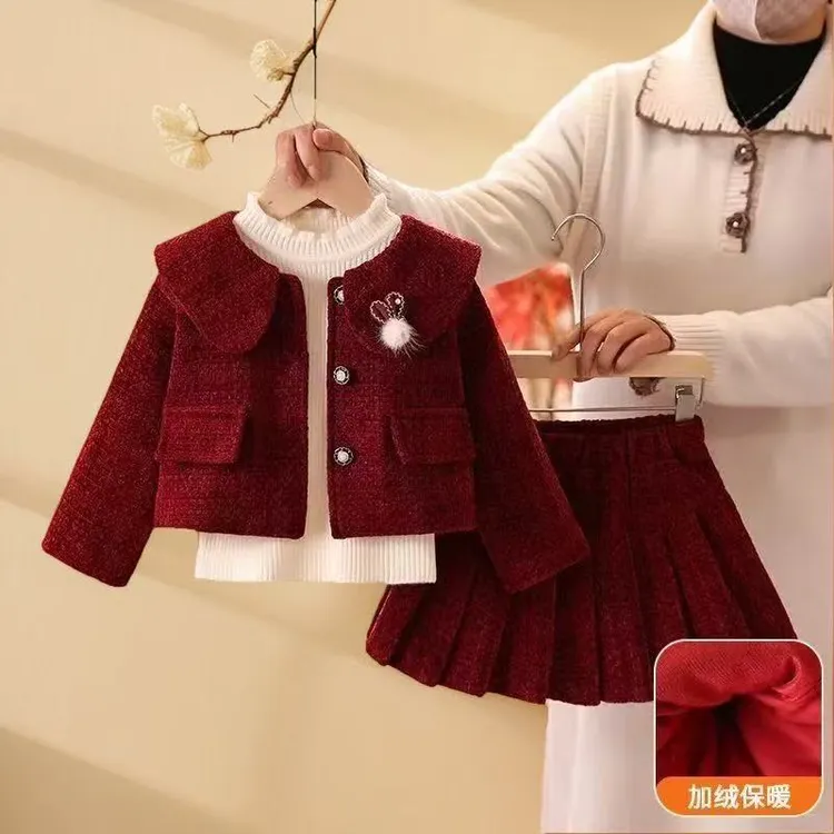 女童红色拜年服套装秋冬季2026新款洋气女孩公主风周岁礼服两件套