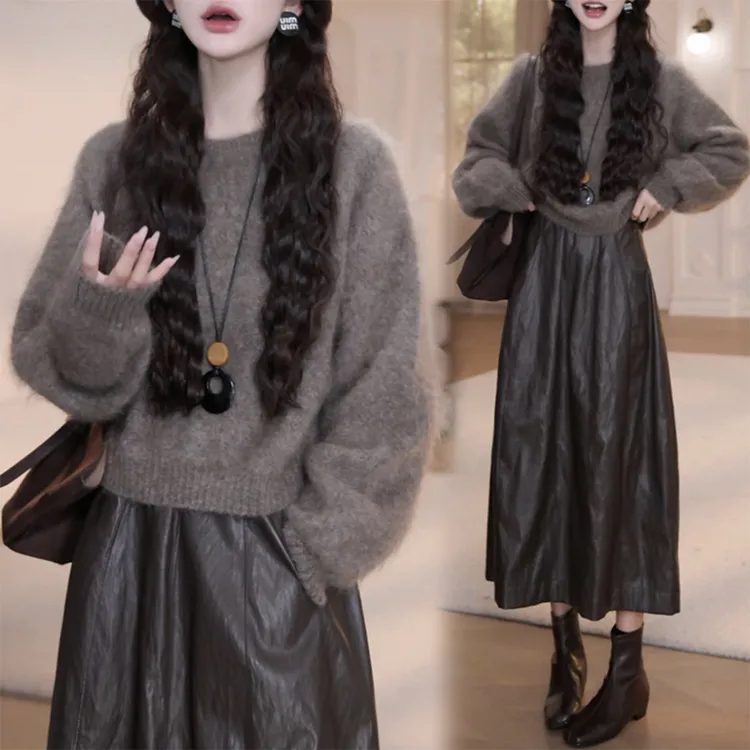 韩版时尚气质套装女百搭圆领纯色毛衣PU皮高腰显瘦中长半身裙