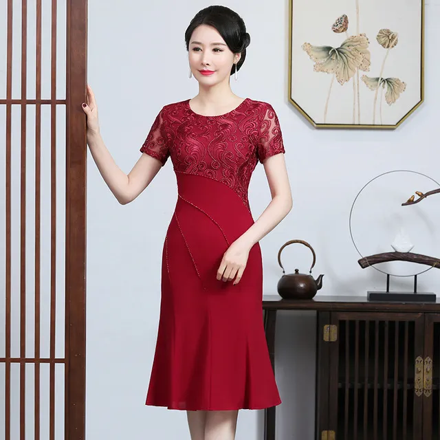 喜婆婆婚宴礼服连衣裙春夏丈母娘妈妈中长款钉珠修身连衣裙