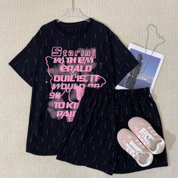 小韩日记【粉字母套装】套装运动休闲夏季宽松韩版时尚印花5888