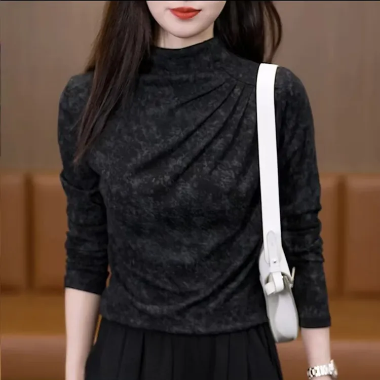 半高领打底衫长袖女秋冬2025新款时尚显瘦小衫不规则加绒加厚上衣