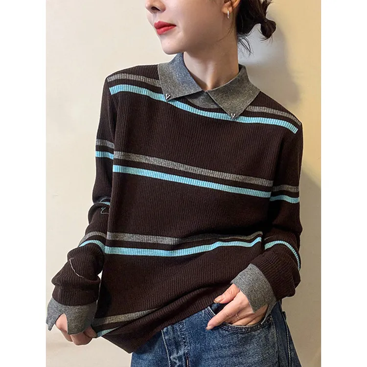 POLO领条纹针织衫女秋季新款微胖MM宽松百搭撞色设计感毛衣打底衫