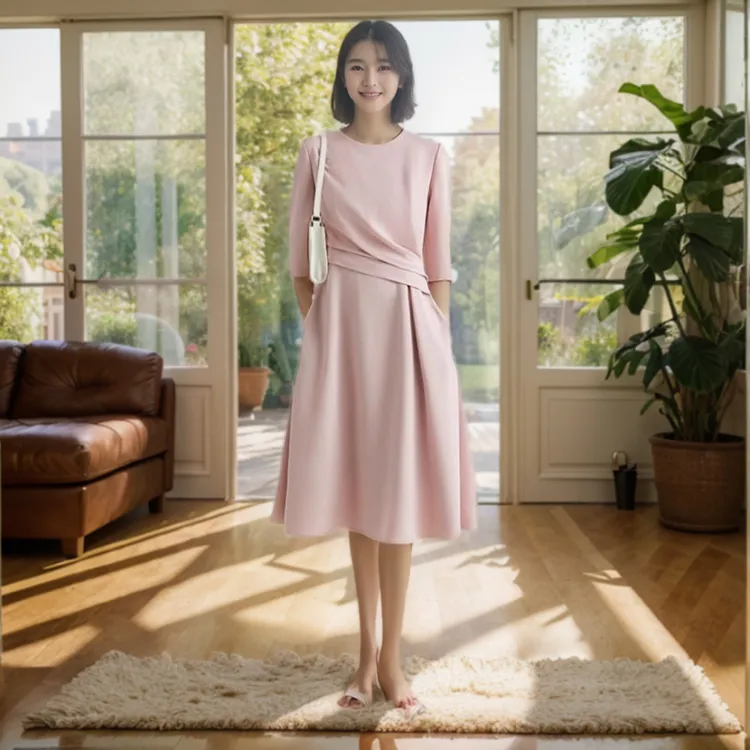 胖mm法式收腰捏褶连衣裙女夏显瘦设计感中袖大码高级感礼服中长裙