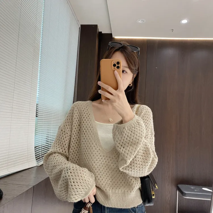 IMFLY金小金自制女装 针织衫DYW9731新款镂空针织罩衫+吊带两件套