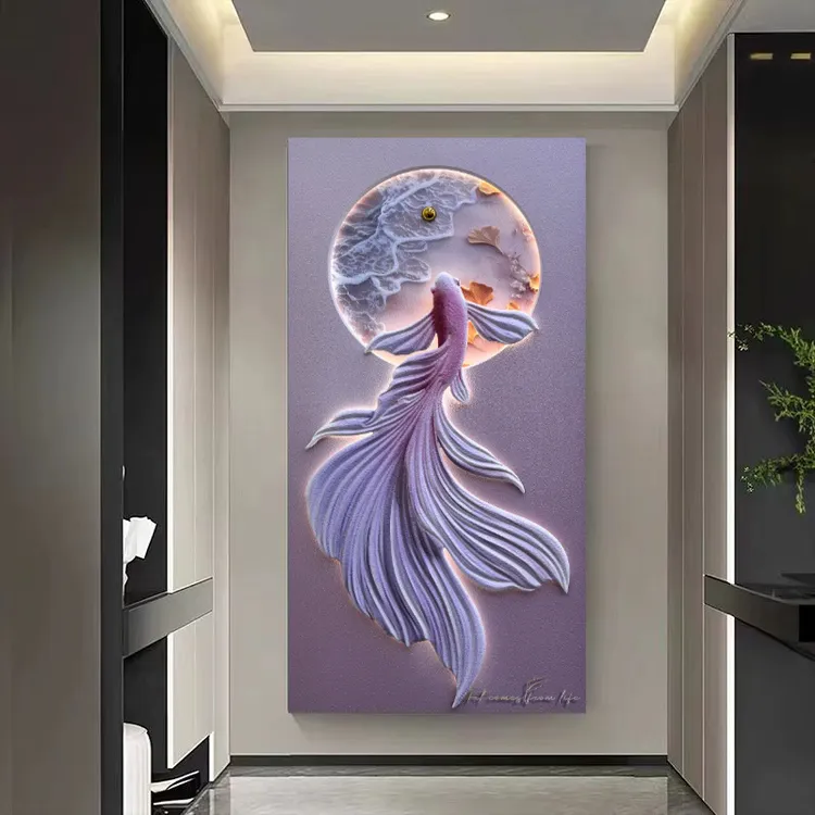锦鲤鱼 悠然上游立体浮雕玄关走廊过道灯光现代奶油风高级感挂画