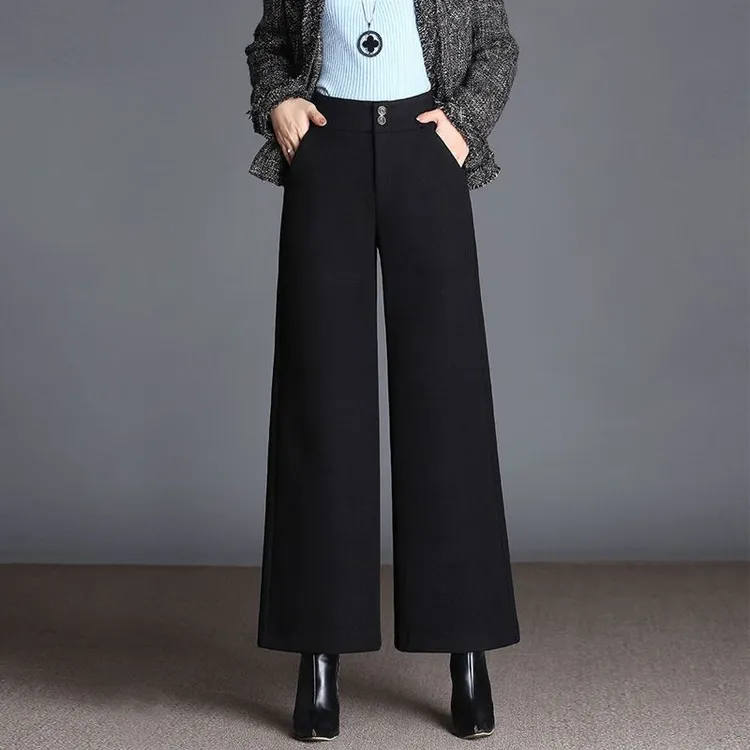 毛呢阔腿裤女秋冬2025新款宽松高腰休闲裤黑色坠感加厚毛呢阔腿裤