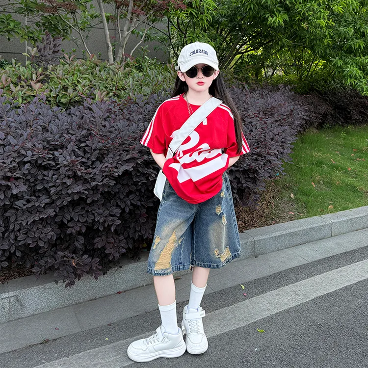 女童夏季2025新款夏装时尚短裤洋气五分裤薄款宽松短袖T恤两件套