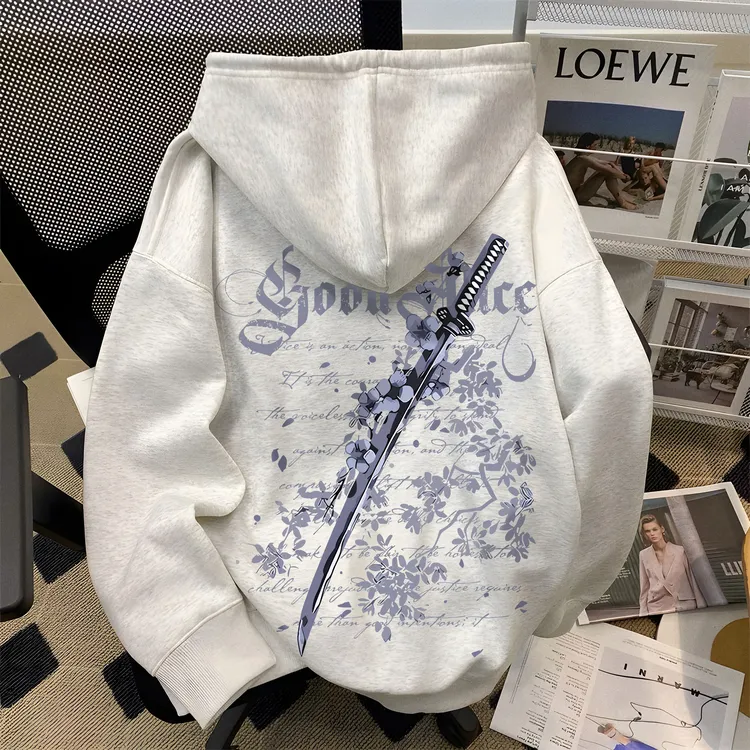 重磅美式高街潮牌樱花剑印花连帽卫衣男秋冬宽松型百搭情侣装外套