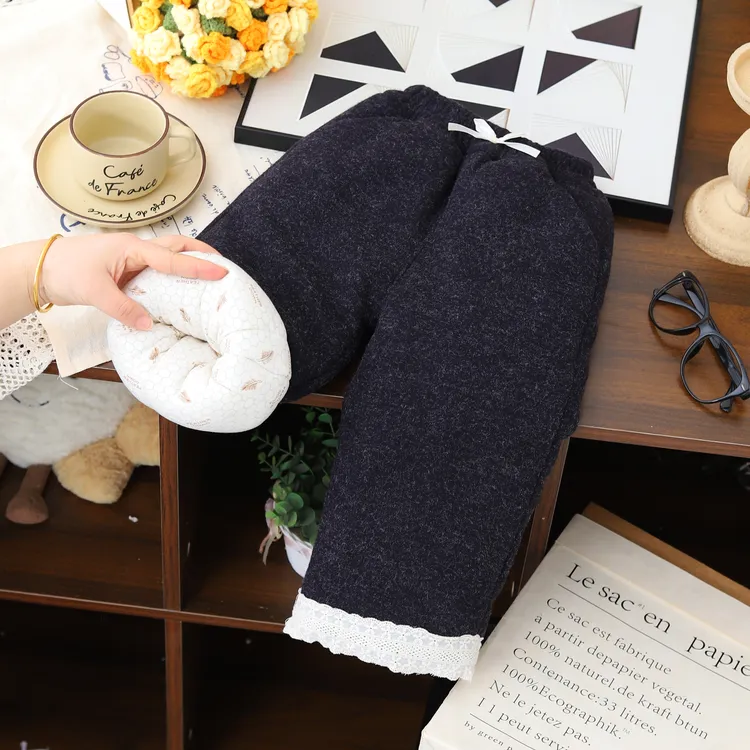 【御寒-15℃】女童冬季韩版蕾丝边毛呢棉裤加厚保暖裤子