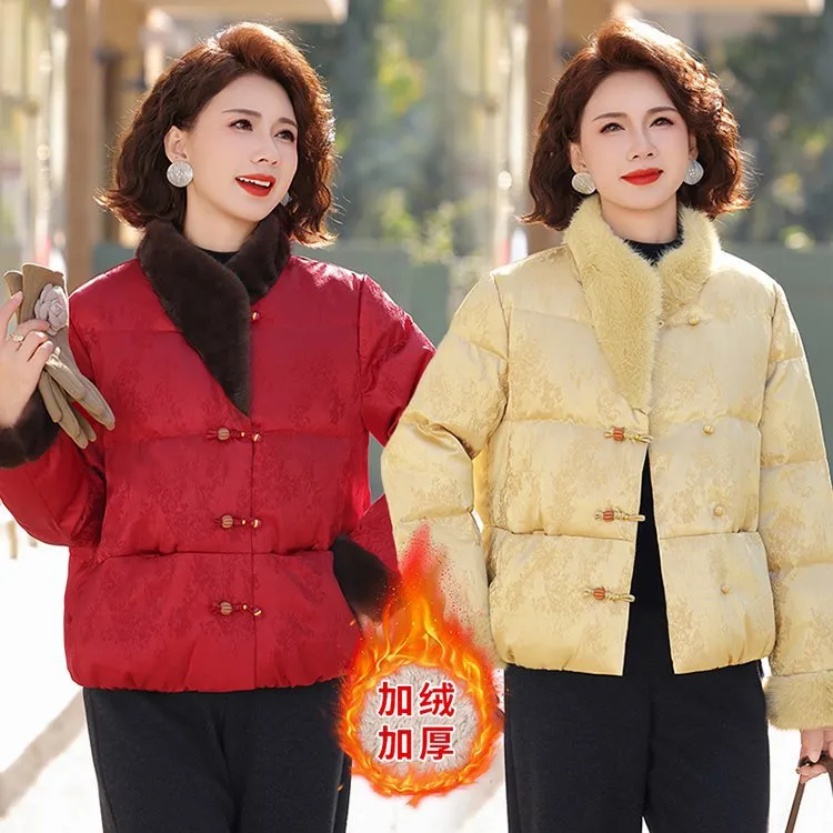 短款法式刺绣常规厚款中老年女装加绒外套加厚冬季中国风棉服棉袄