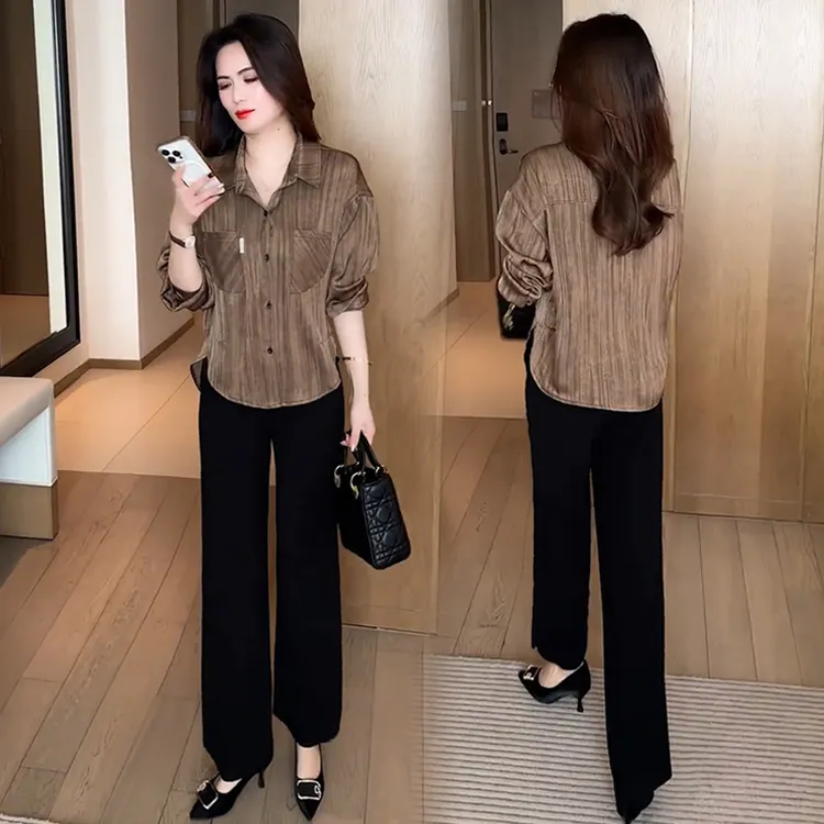 时尚套装女2025春季新款洋气宽松显瘦减龄百搭衬衫阔腿裤两件套潮