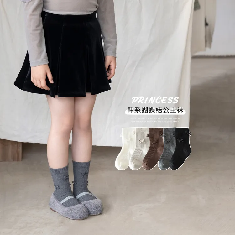 女童袜子春秋无骨棉袜儿童蝴蝶结公主袜秋季韩系洋气女宝宝中筒袜