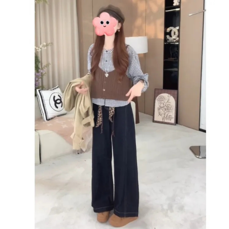 【格子叠穿】秋季新款时尚休闲衬衫背心套装+休闲牛仔裤LK2505526