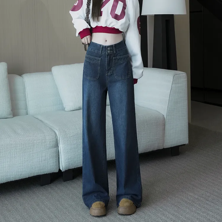 美式阔腿裤拉链高腰水洗ins风百搭牛仔裤女款爆款2025新款