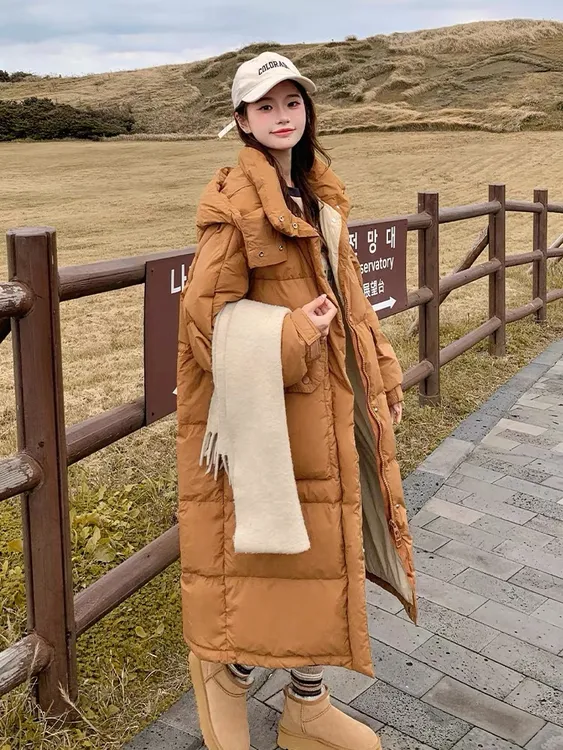 白鸭绒羽绒服女冬季2025年新款韩系中长款甜美学生加厚连帽外套女