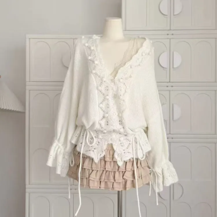 2025新款春秋毛针织开衫镂空长袖女装薄款V领宽松型法式毛衣外套