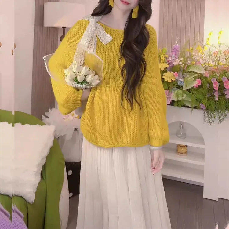 秋季大码长袖蕾丝拼接蝴蝶结毛衣胖MM显瘦气质黄色收腰毛针织衫女