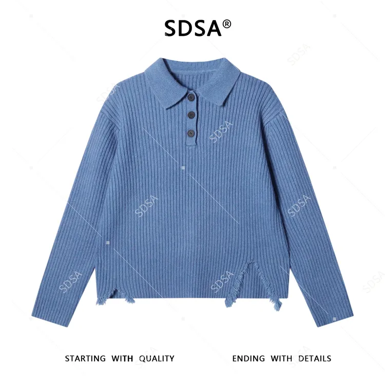 SDSA男士秋冬新款痞帅男装纯色polo领毛衣下摆流苏设计百搭针织衫