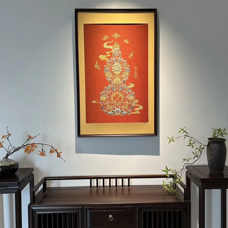 古一藏传-刺绣材质【天官赐福】葫芦挂画茶室书房挂画刺绣画