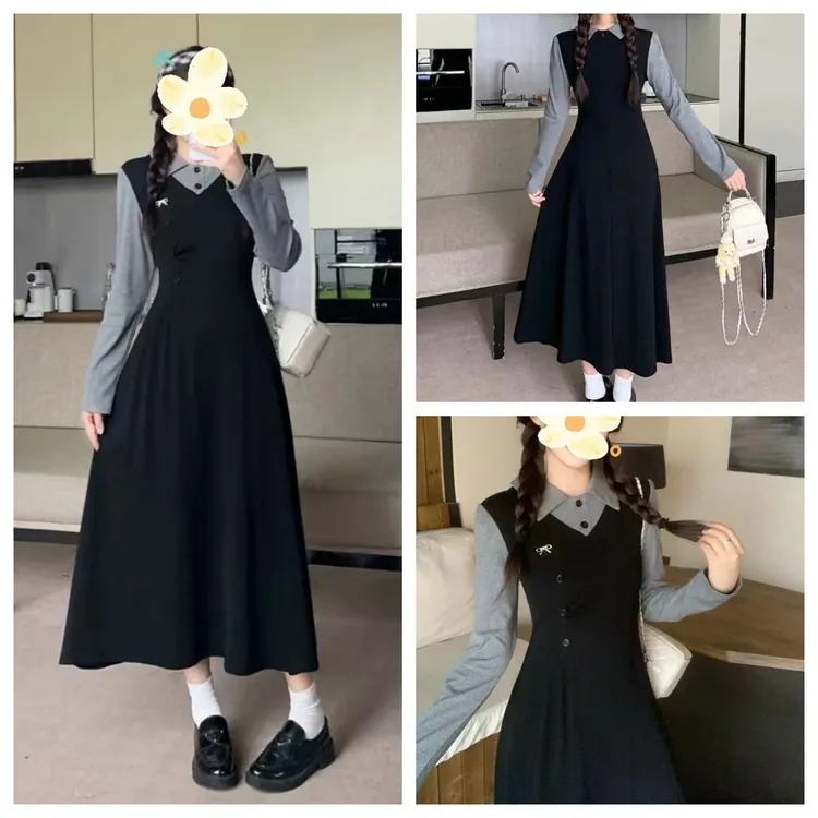 大码女装法式复古气质长袖POLO领连衣裙胖妹妹收腰显瘦减龄长裙子