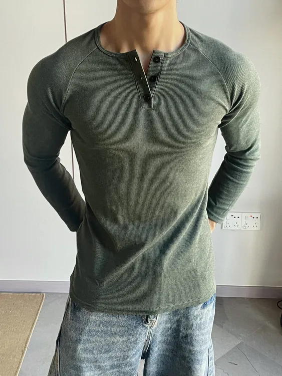 亨利衫螺纹显大长袖男健身运动棉插肩修身长袖男士美式训练上衣