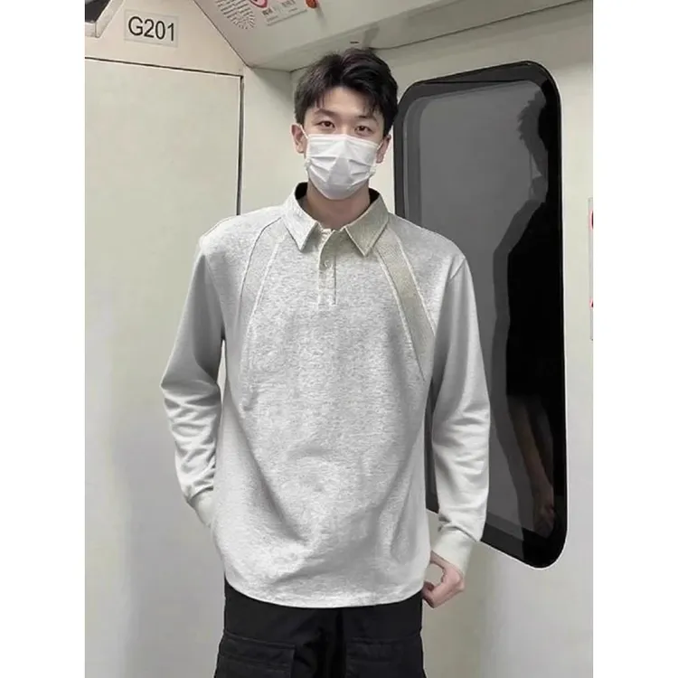 重磅螺纹拼接POLO衫男款秋季美式衬衫领长袖t恤重磅boxy翻领卫衣