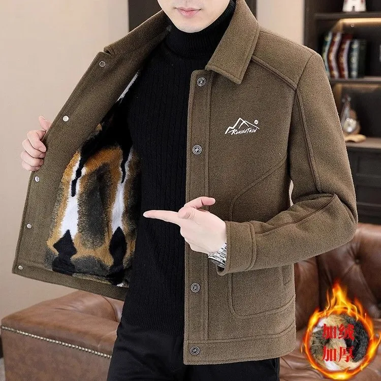 冬季加绒加厚中国风夹克男修身翻领毛呢大衣男装高端潮流休闲外套