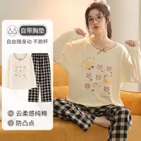 卡之恋睡衣女春秋季新款长袖带杯垫纯棉韩系V领纯欲风家居服