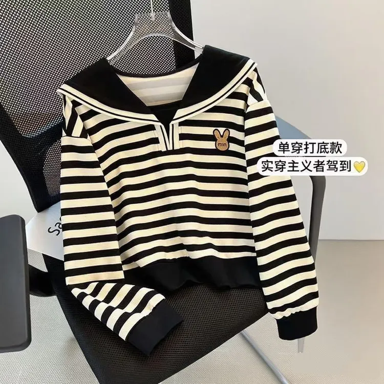 女童春秋款卫衣时髦新款洋气衣服女孩条纹卡通长袖儿童学院风上衣