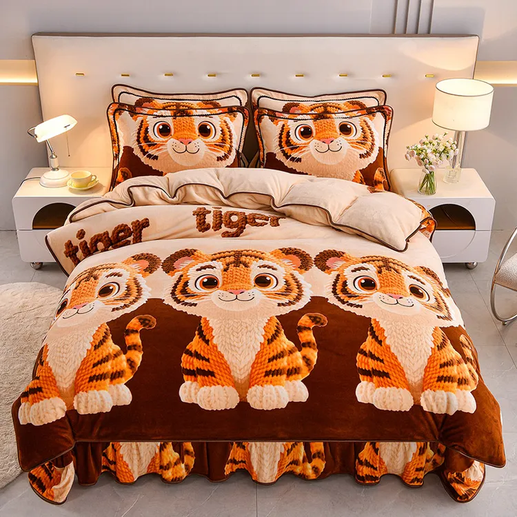 爱哩屋5D秋冬加厚床裙款卡通牛奶绒四件套保暖双面绒床单学生宿舍