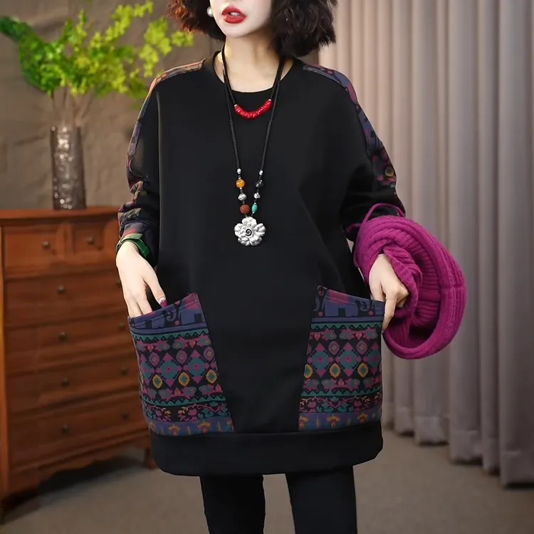 冬季新款设计感拼接圆领打底衫上衣宽松显瘦时尚洋气长袖大码T恤