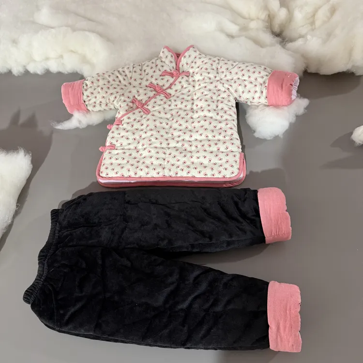 宝宝纯手工棉袄棉裤套装冬季加厚花开朵朵