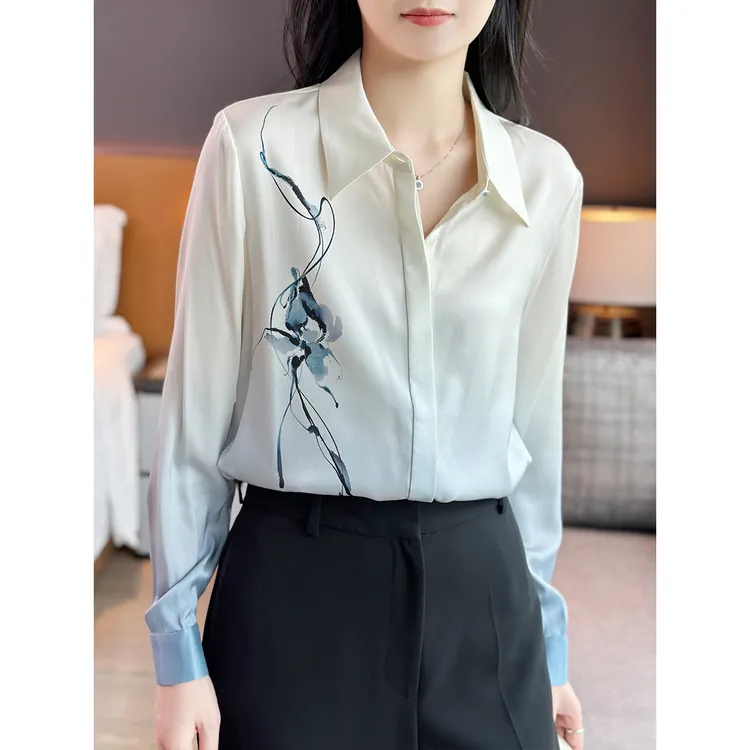 左左家 轻奢高级感~水墨渐变定位印花丝滑缎面桑蚕丝双乔真丝衬衫