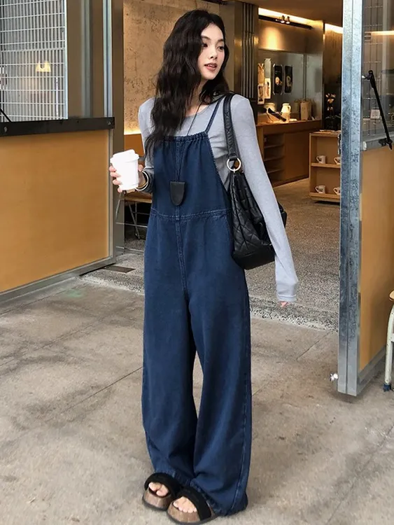 哈尼HONEY牛仔背带裤女秋宽松抽绳设计感网红炸街拖地阔腿连体裤