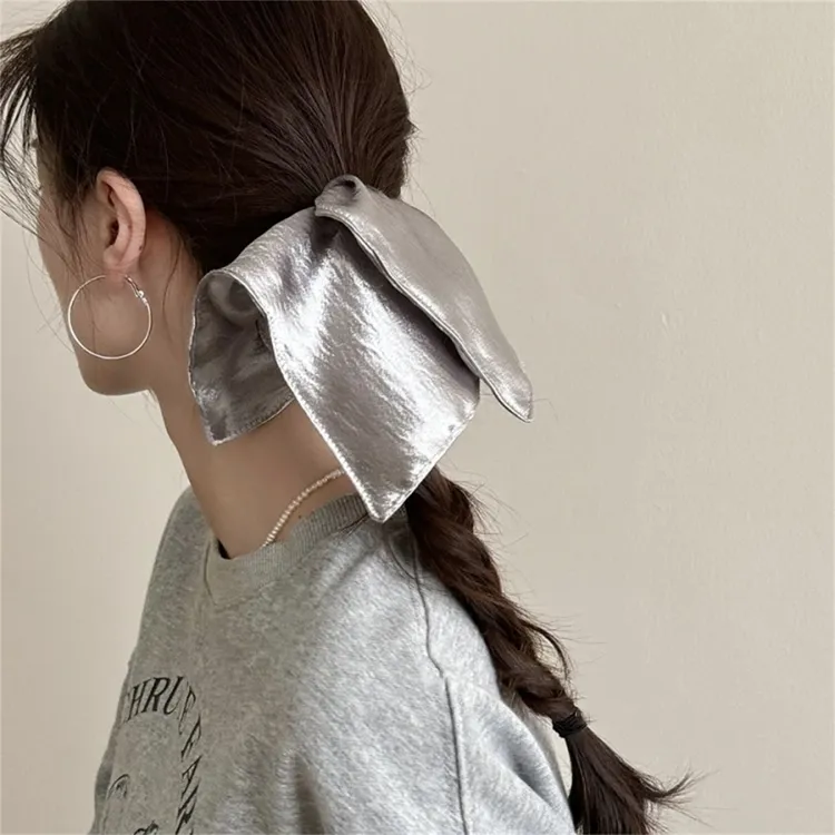 韩系亮丝布艺银色方巾大肠发圈女低马尾发绳超大复古方形头饰头绳