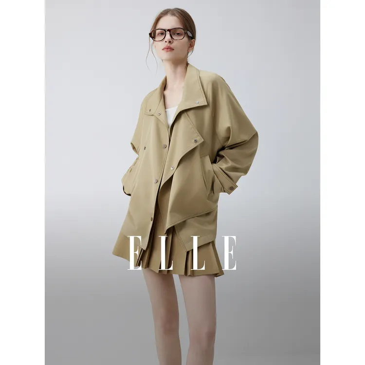 ELLE女装卡其色立领廓形短外套2025秋季新款时髦独特上衣EF52036