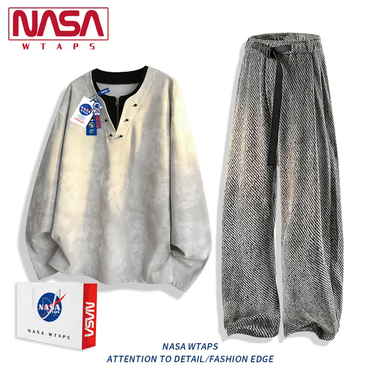 NASA WTAPS日系假两件流光风卫衣男款春秋季新款宽松休闲运动套装