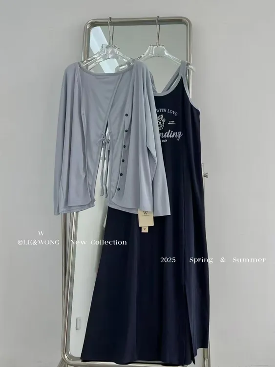 韩系大码女装夏季休闲宽松遮肉打底吊带连衣裙防晒露背开衫套装