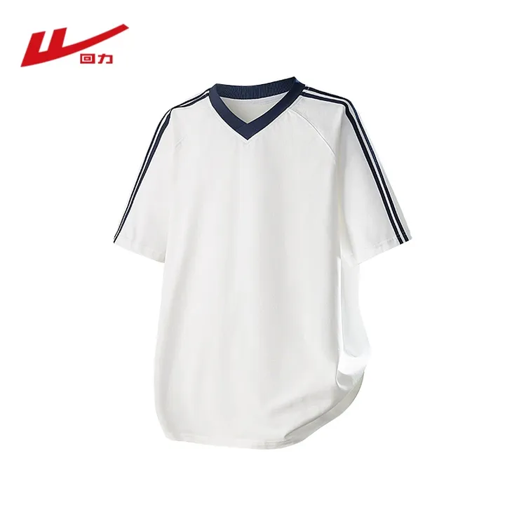 回力V领短袖男夏季新款简约条纹圆领T恤宽松撞色休闲百搭半袖上衣