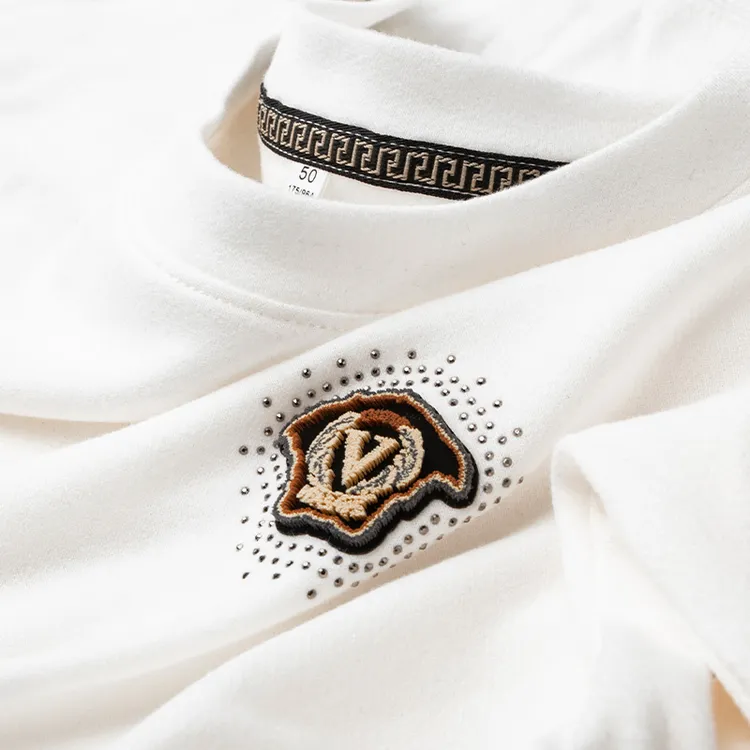 轻奢长袖T恤男士秋季新款百搭时尚刺绣白色圆领休闲套头上衣卫衣