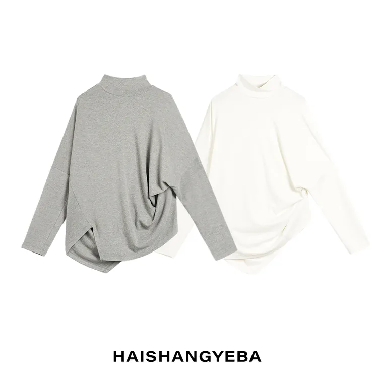 【海上叶爸】新款2025秋冬百搭棉半高领宽松不规则简约通勤T恤