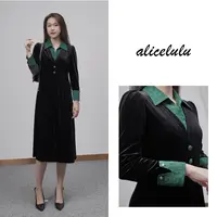 [alicelulu]时尚丝绒拼接撞色翻领修身长袖连衣裙S2144855W