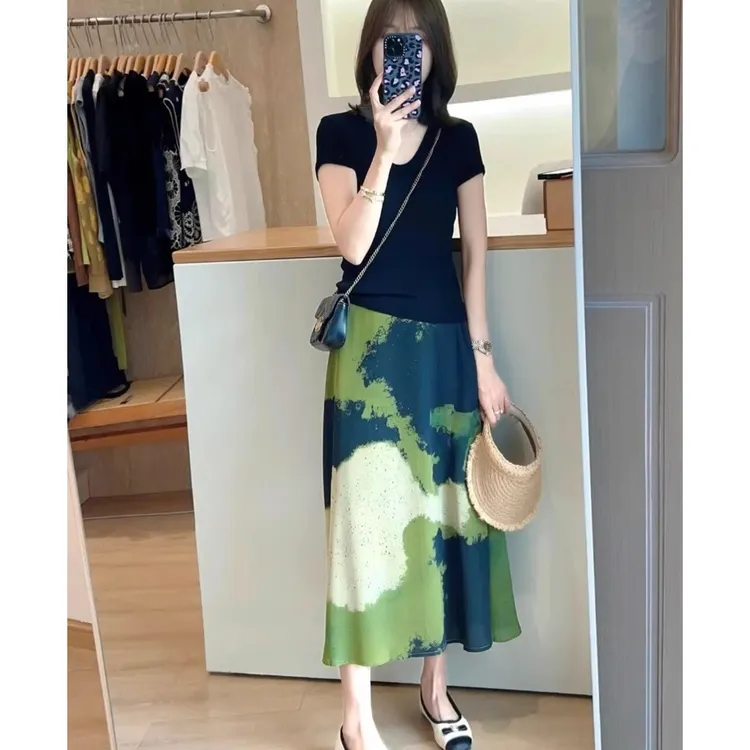 2025新款时尚气质高级感小个子高腰显瘦蓝绿半身裙子长裙女夏季