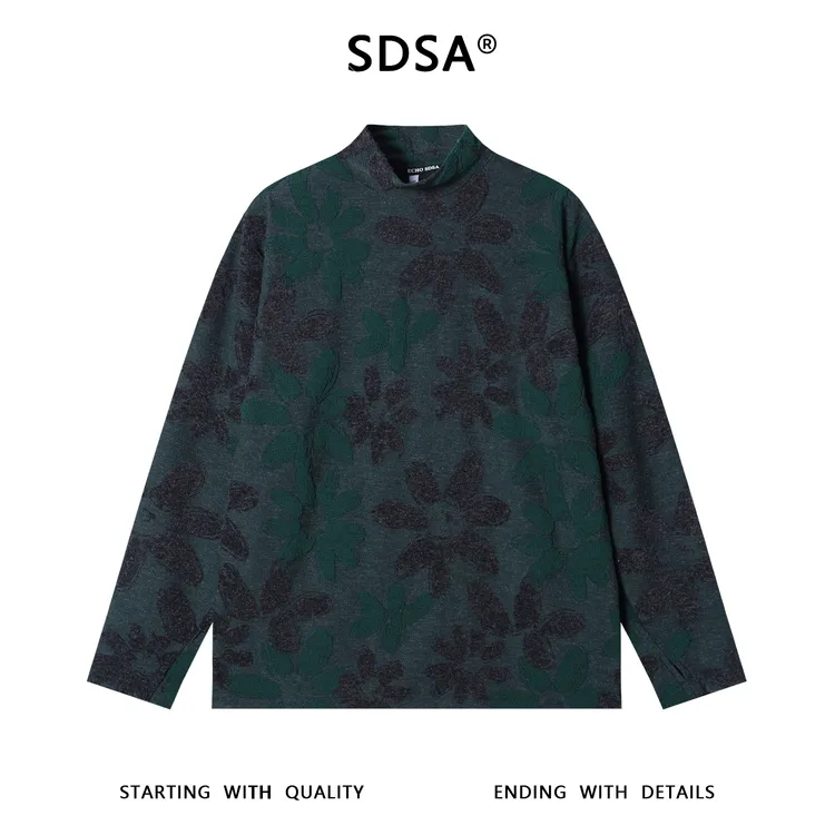 SDSA秋冬新款痞帅男装潮牌撞色植物花卉半高领长袖T恤时尚百搭