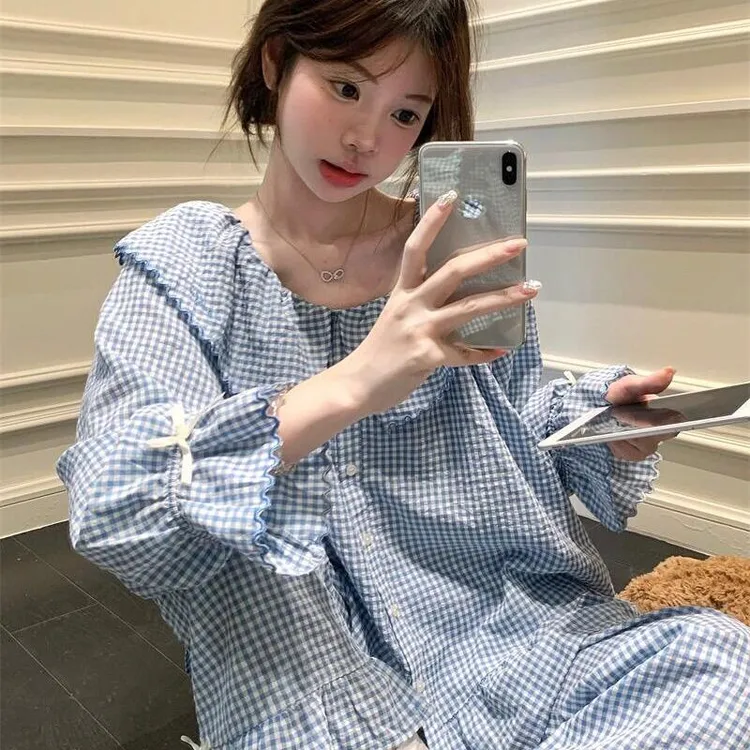 日系小清新格子翻领睡衣女款春秋季大码舒适可外穿家居服套装ins